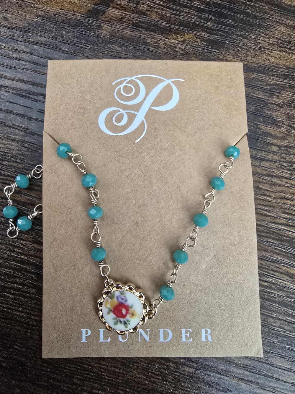 Plunder Teal Beaded Necklace with Floral Porcelain Pendant